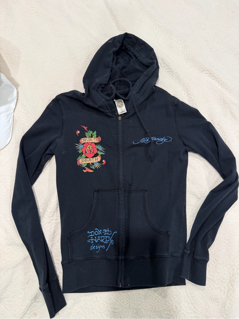 Ed Hardy Black Zip-Up Hoodie with Rose & Script Graphics